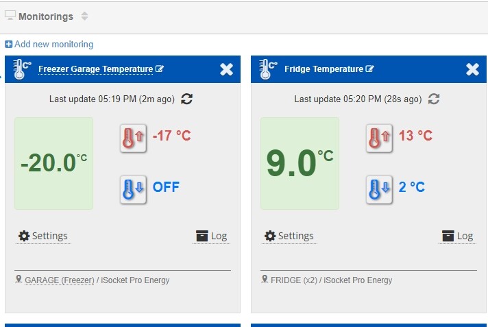 Alerts of temperatures rise set for the fridge and freezers